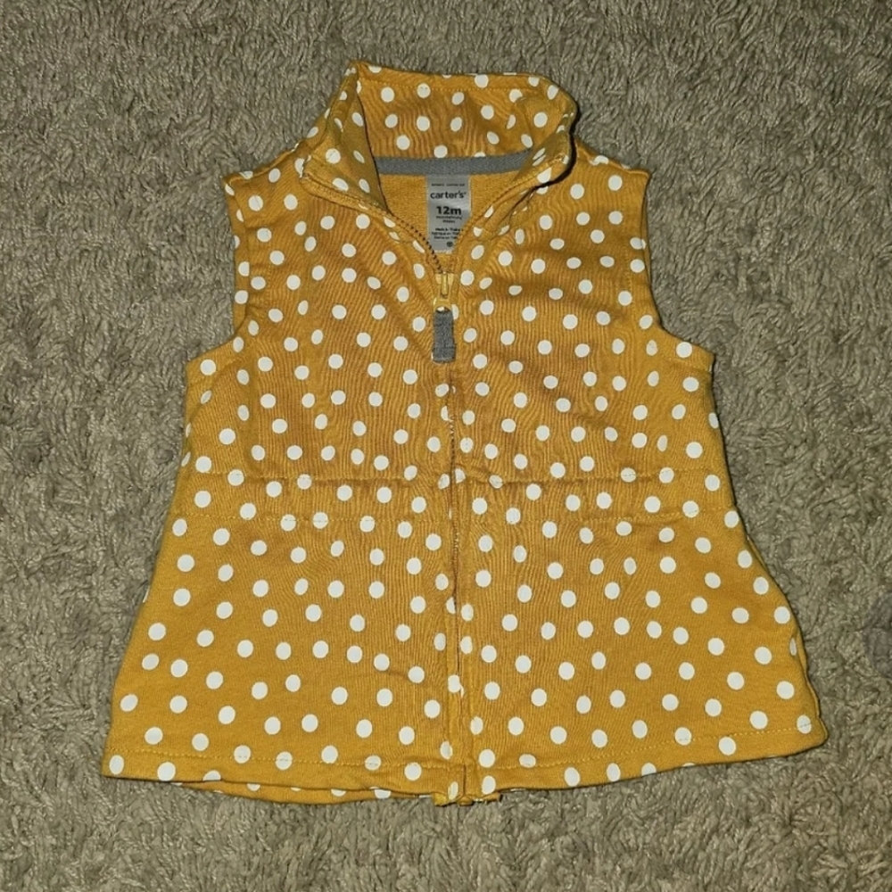 Yellow Carter's layering vest with white polka dots